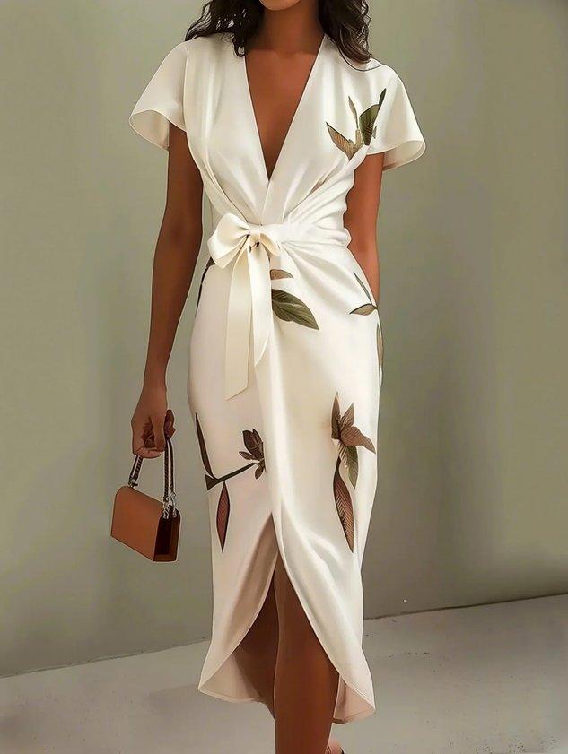 Elegant Botanisk Wrap Midi Kjole
