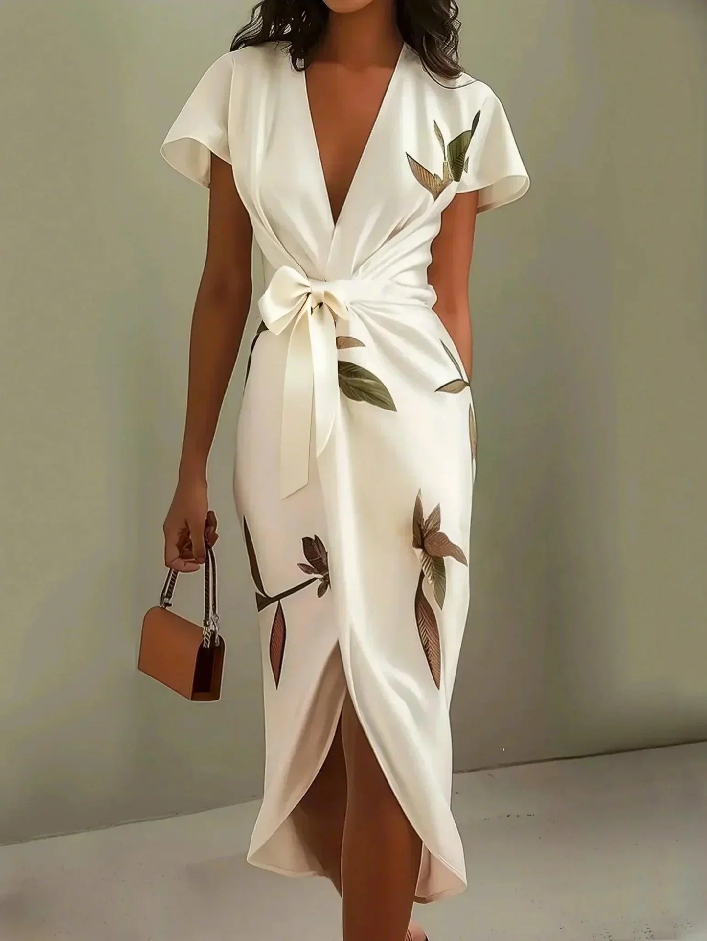 Elegant Botanisk Wrap Midi Kjole