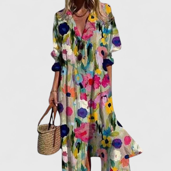 Millie | Damer Blomstret Midi Kjole med Knapper Foran