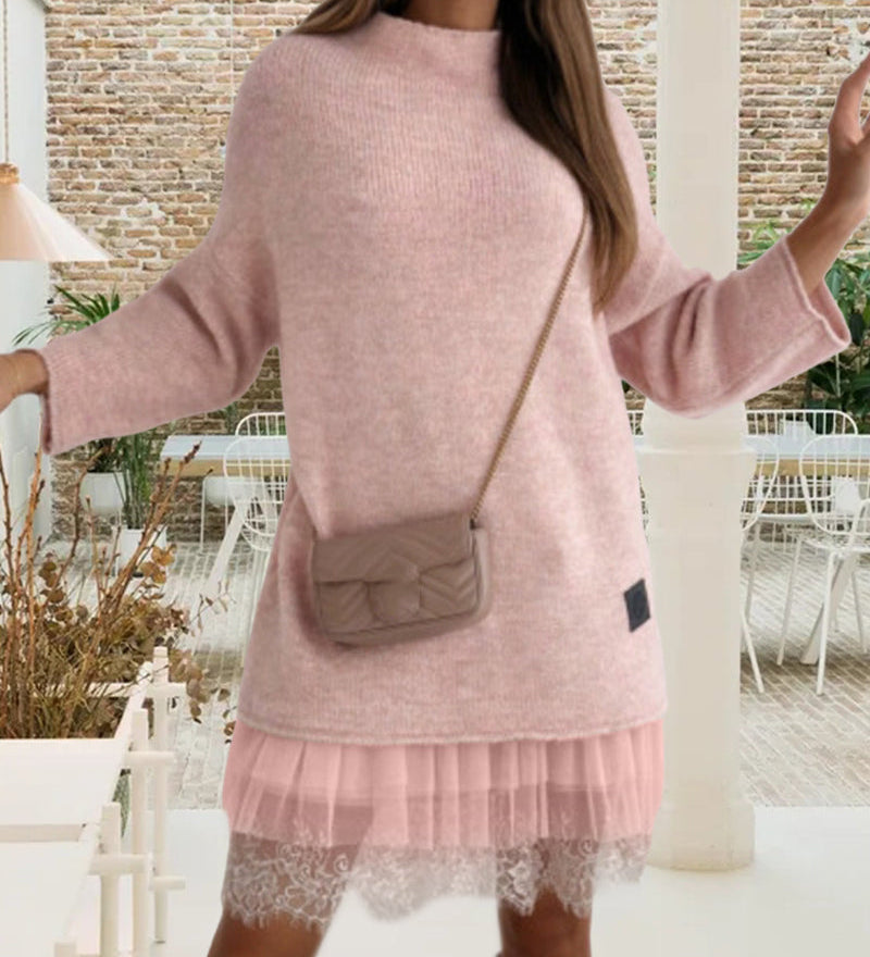 Damesæt med langærmet pullover med høj hals og ærmeløs meshkjole