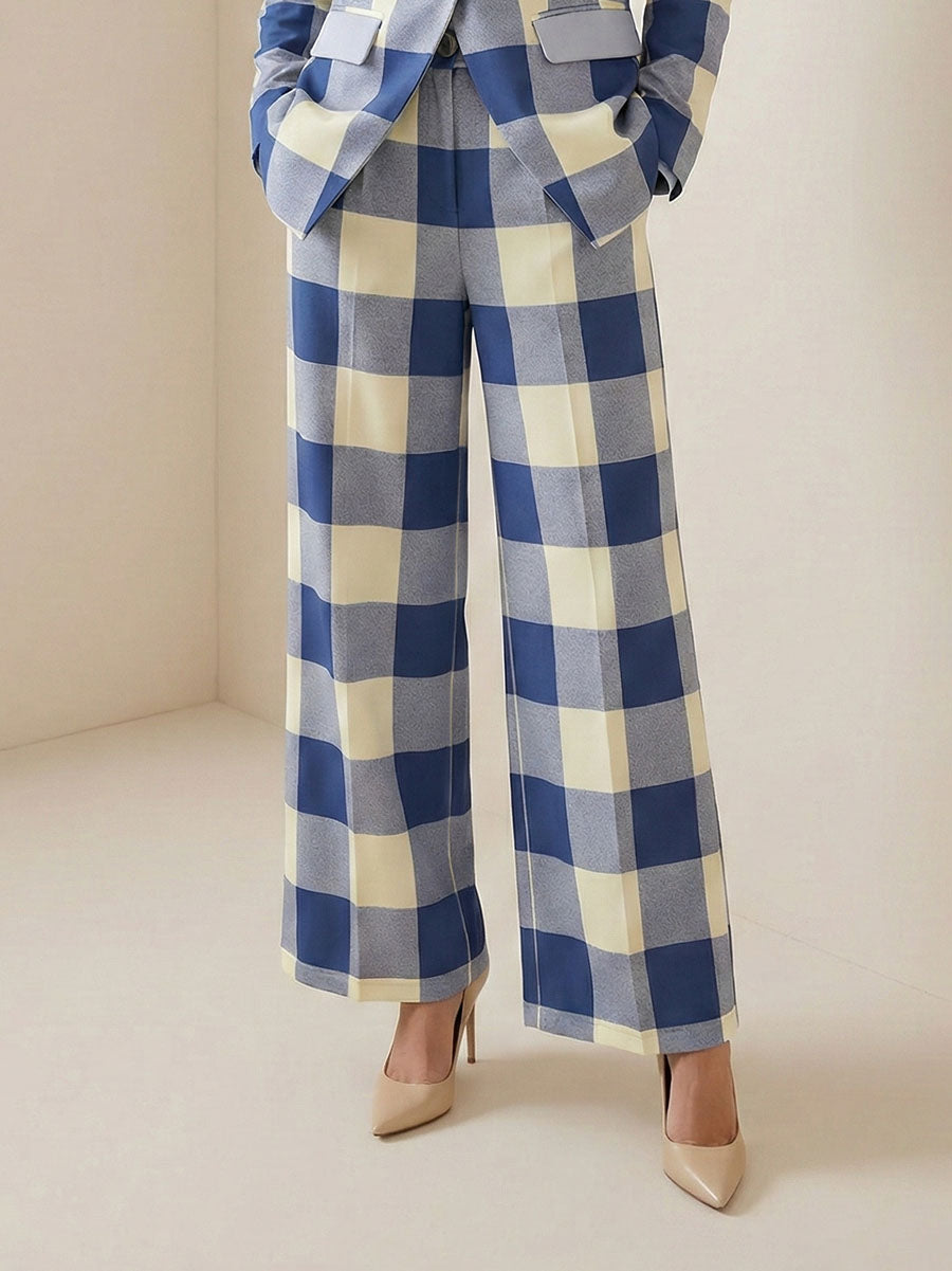 Pantalon femme à jambes larges et carreaux bleus, longueur cheville