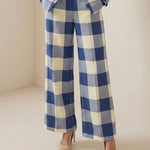 Pantalon femme à jambes larges et carreaux bleus, longueur cheville