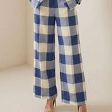 Pantalon femme à jambes larges et carreaux bleus, longueur cheville