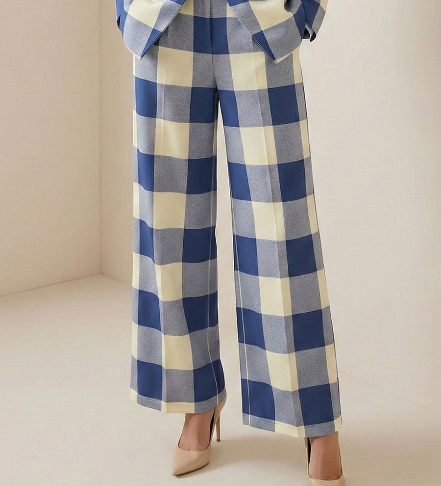 Pantalon femme à jambes larges et carreaux bleus, longueur cheville