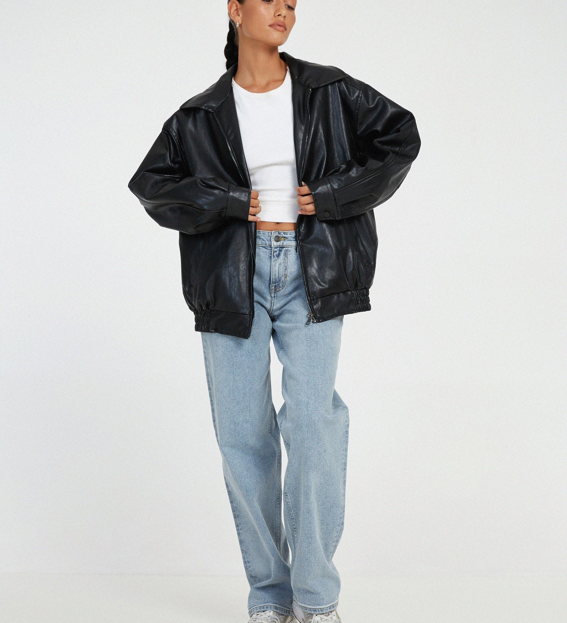 Sophia Oversized Imiteret Læderjakke – Trendy PU Kunstlæder til Damer