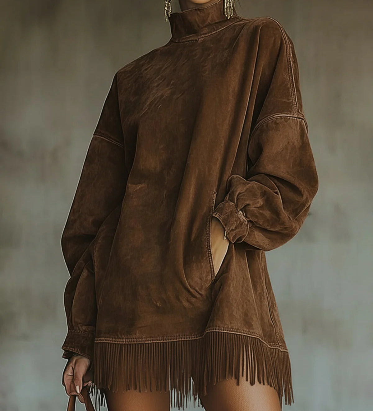 Mini-robe femme à col roulé, manches longues et bord à franges