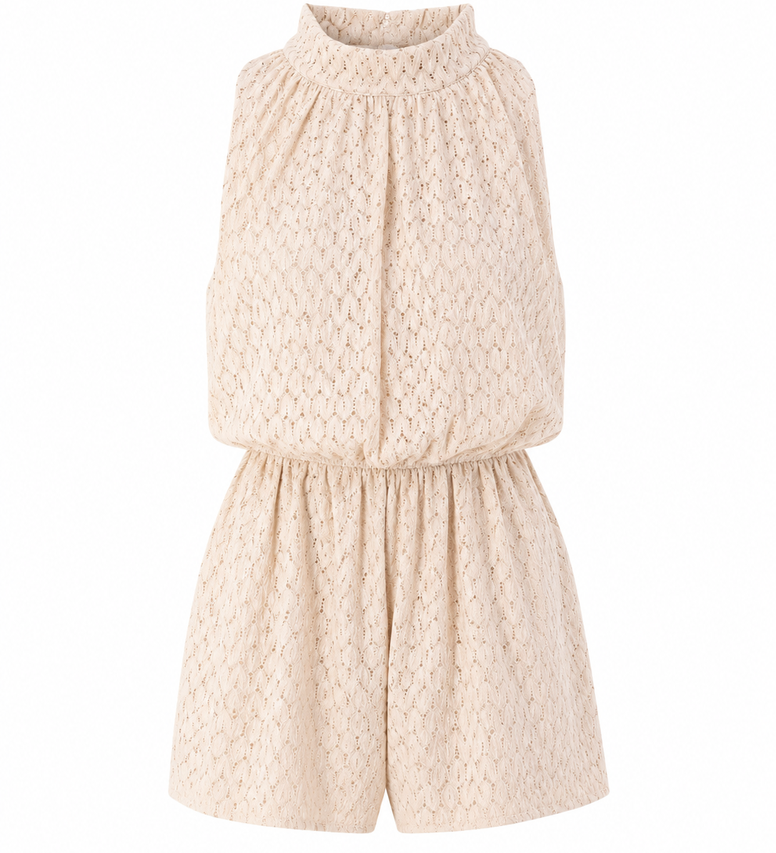 Creme jumpsuit med højhalset krave og struktureret mønster