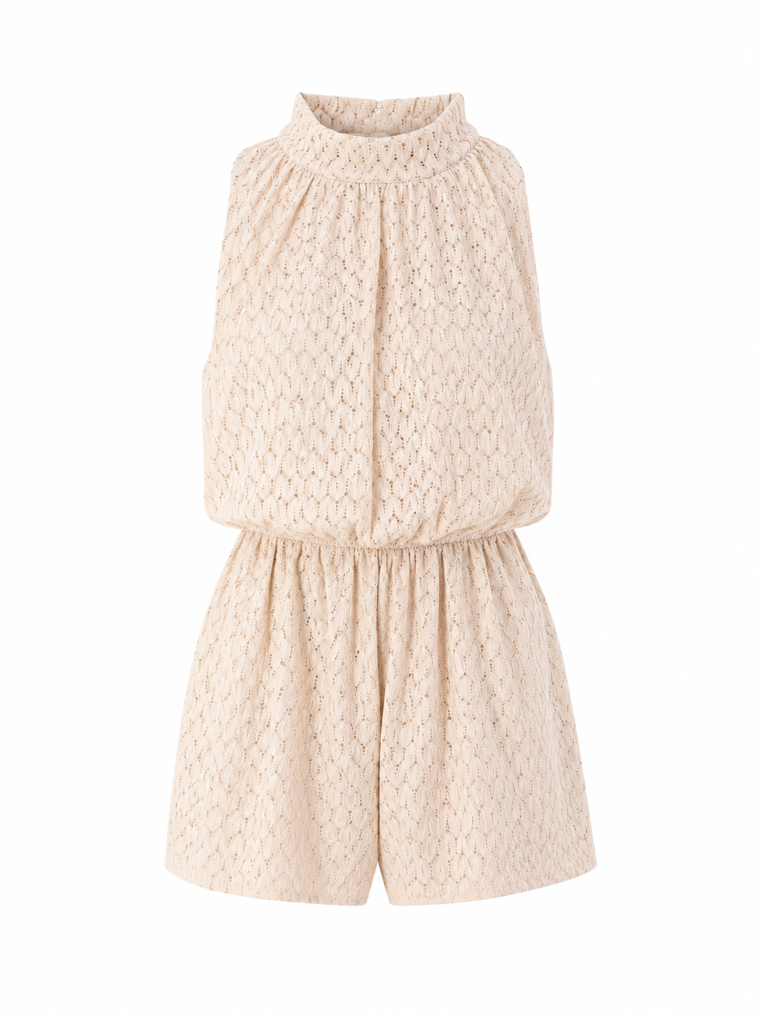 Creme jumpsuit med højhalset krave og struktureret mønster