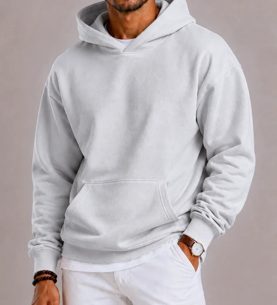 Herrehoodie med hætte, lange ærmer og kængurulomme
