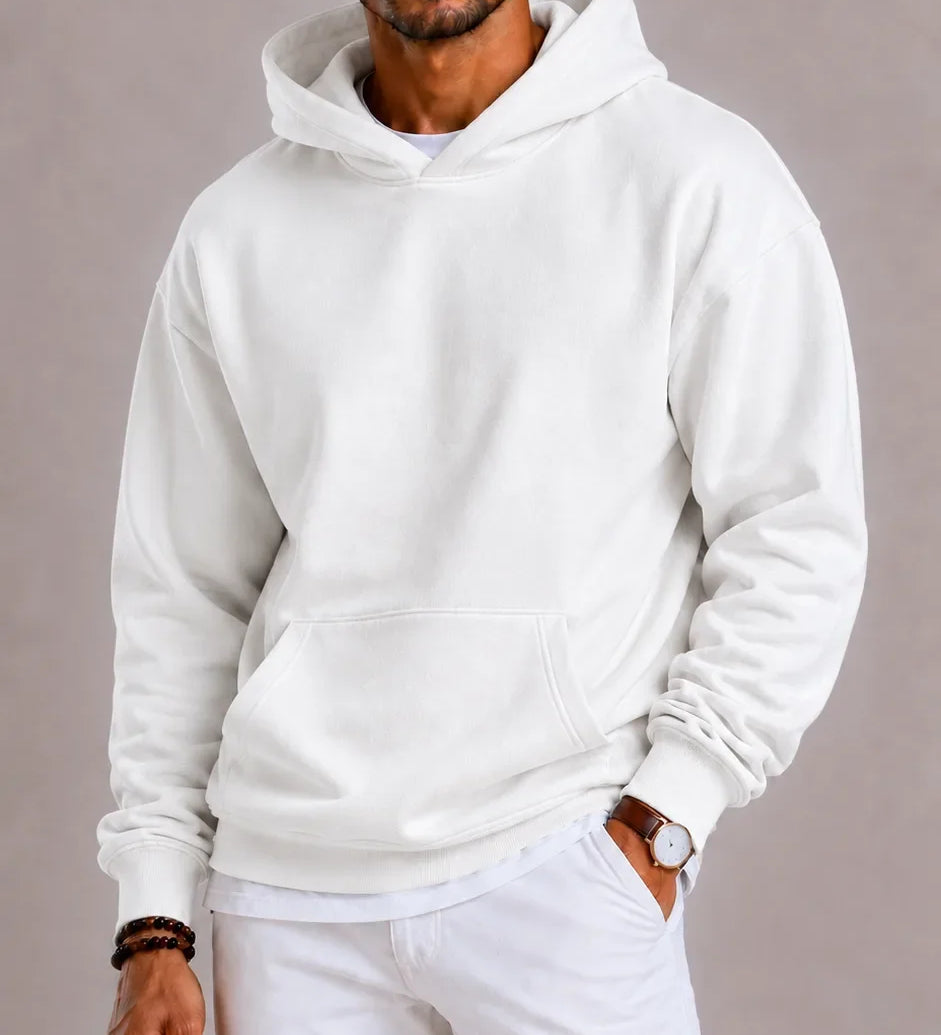 Herrehoodie med hætte, lange ærmer og kængurulomme