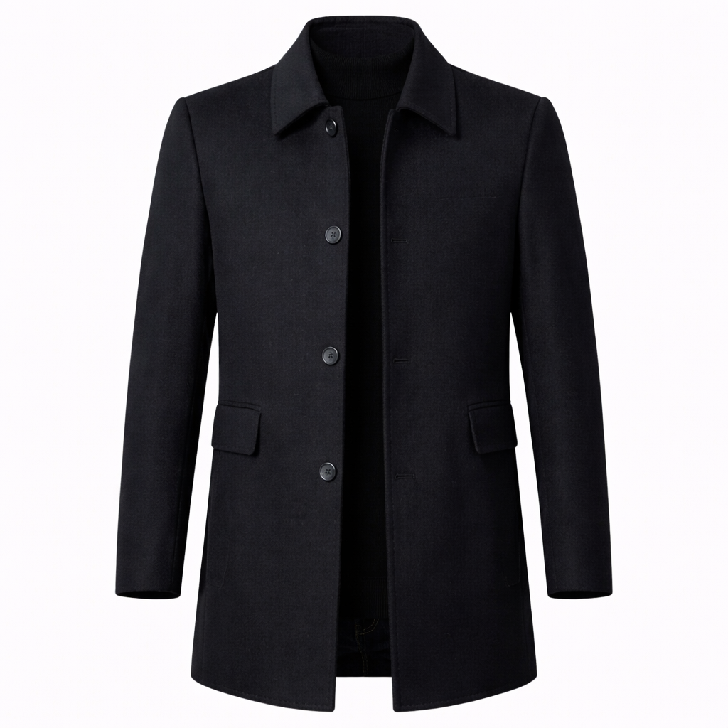 Klassisk herrefrakke med skjortekrave, lange ærmer og knaplukning