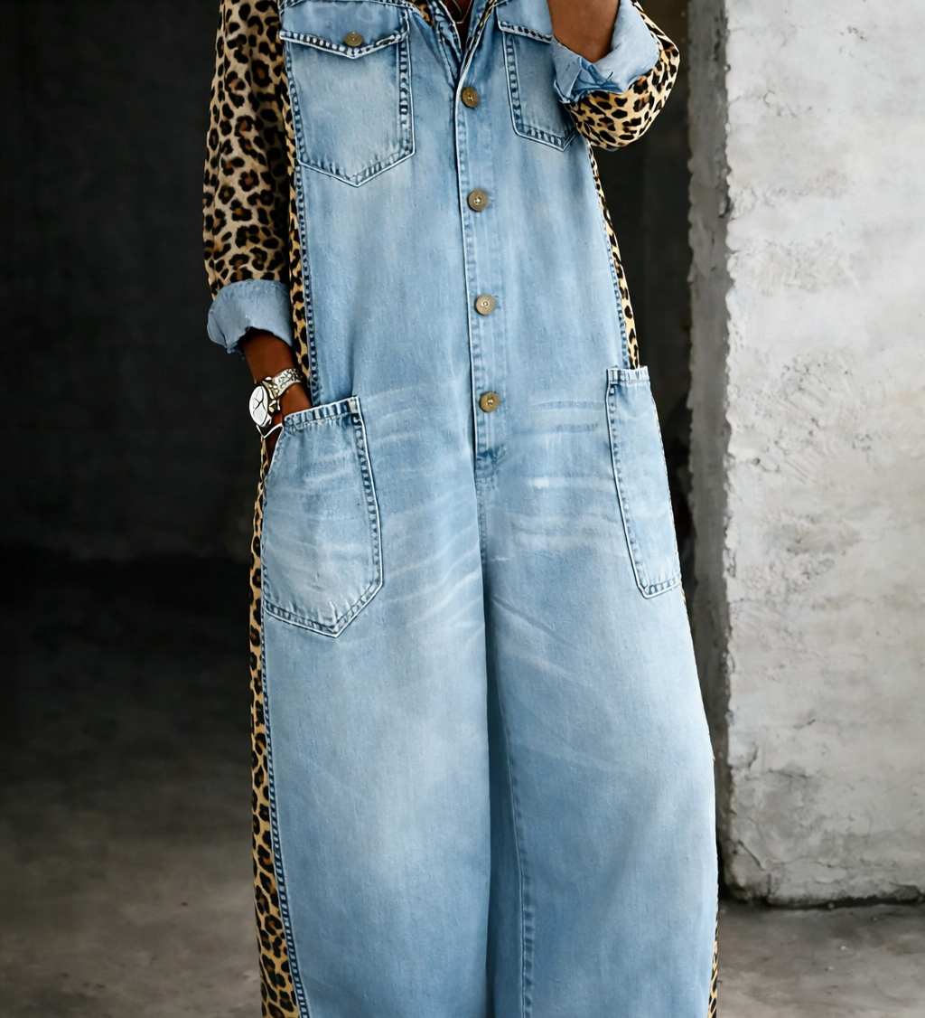 Damejumpsuit med skjortekrave, knaplukning, store lommer, brede ben og dyreprintede sidepaneler