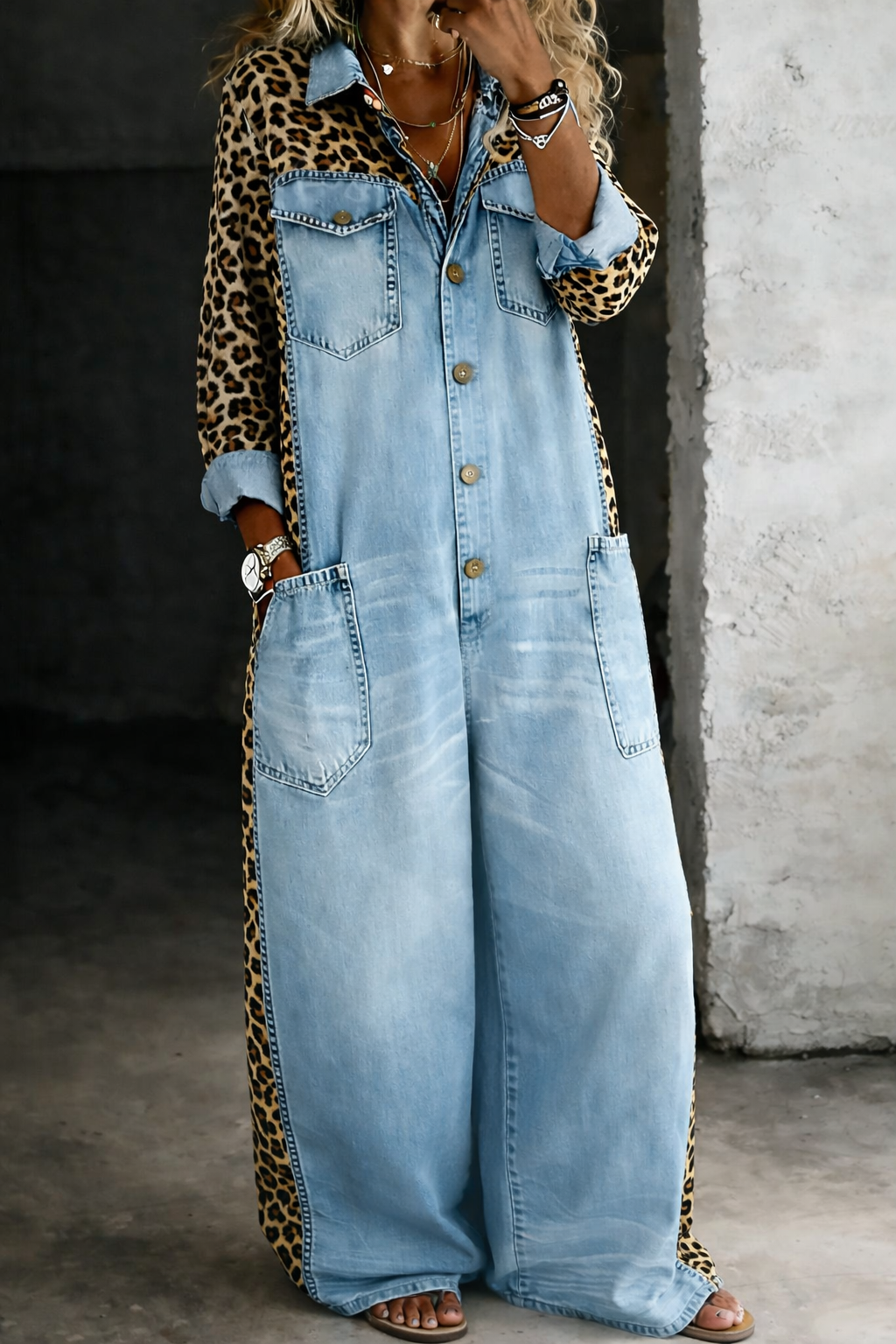 Damejumpsuit med skjortekrave, knaplukning, store lommer, brede ben og dyreprintede sidepaneler