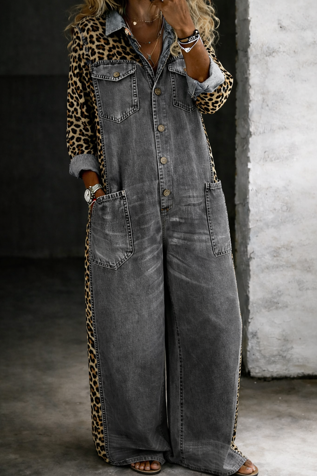 Damejumpsuit med skjortekrave, knaplukning, store lommer, brede ben og dyreprintede sidepaneler