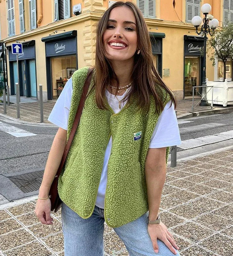 Gilet femme sans manches à col V et boutons