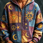Herre hættetrøje med lynlås og farverigt patchwork med sol, måner, stjerner og fredssymboler