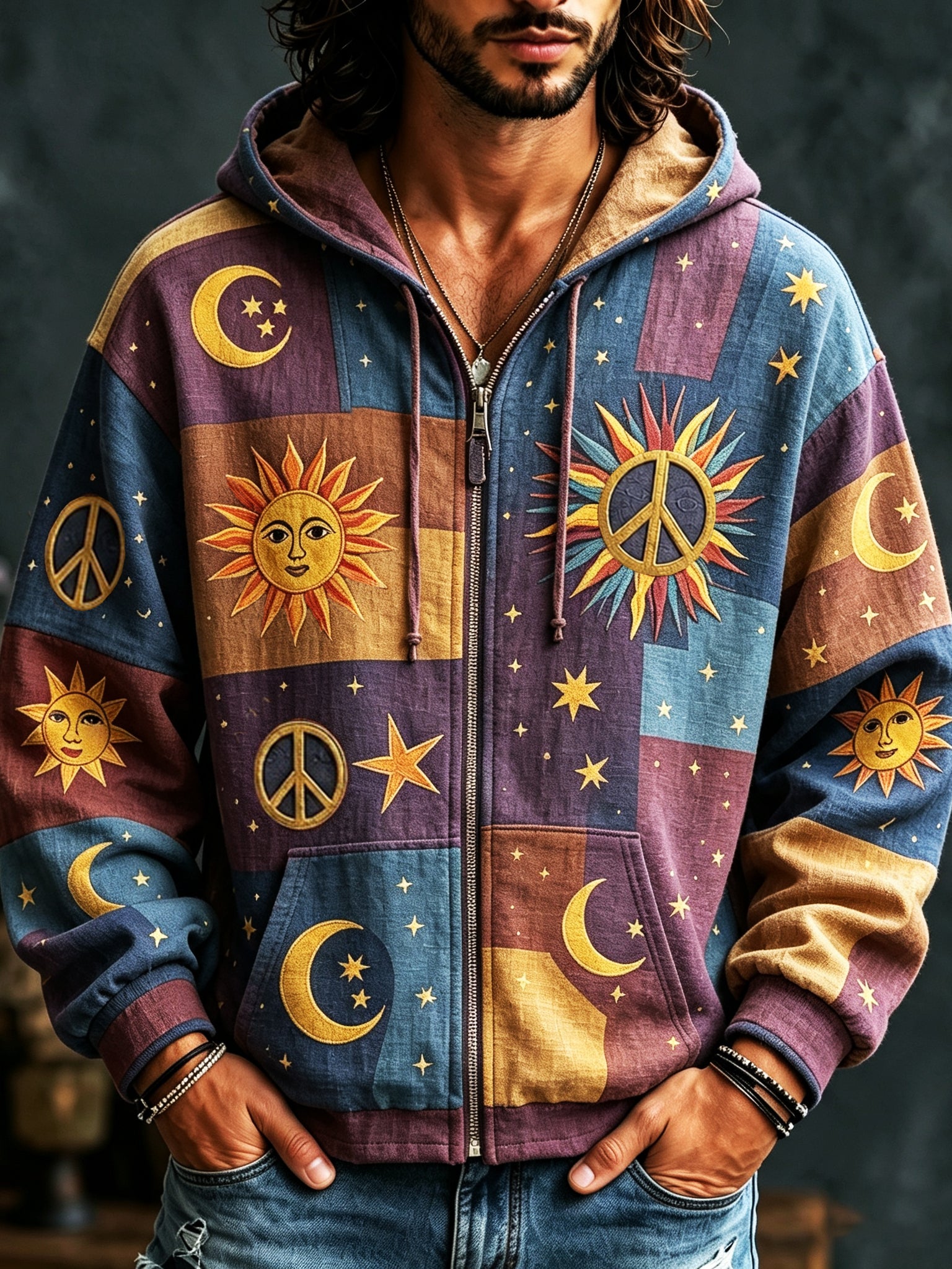 Herre hættetrøje med lynlås og farverigt patchwork med sol, måner, stjerner og fredssymboler