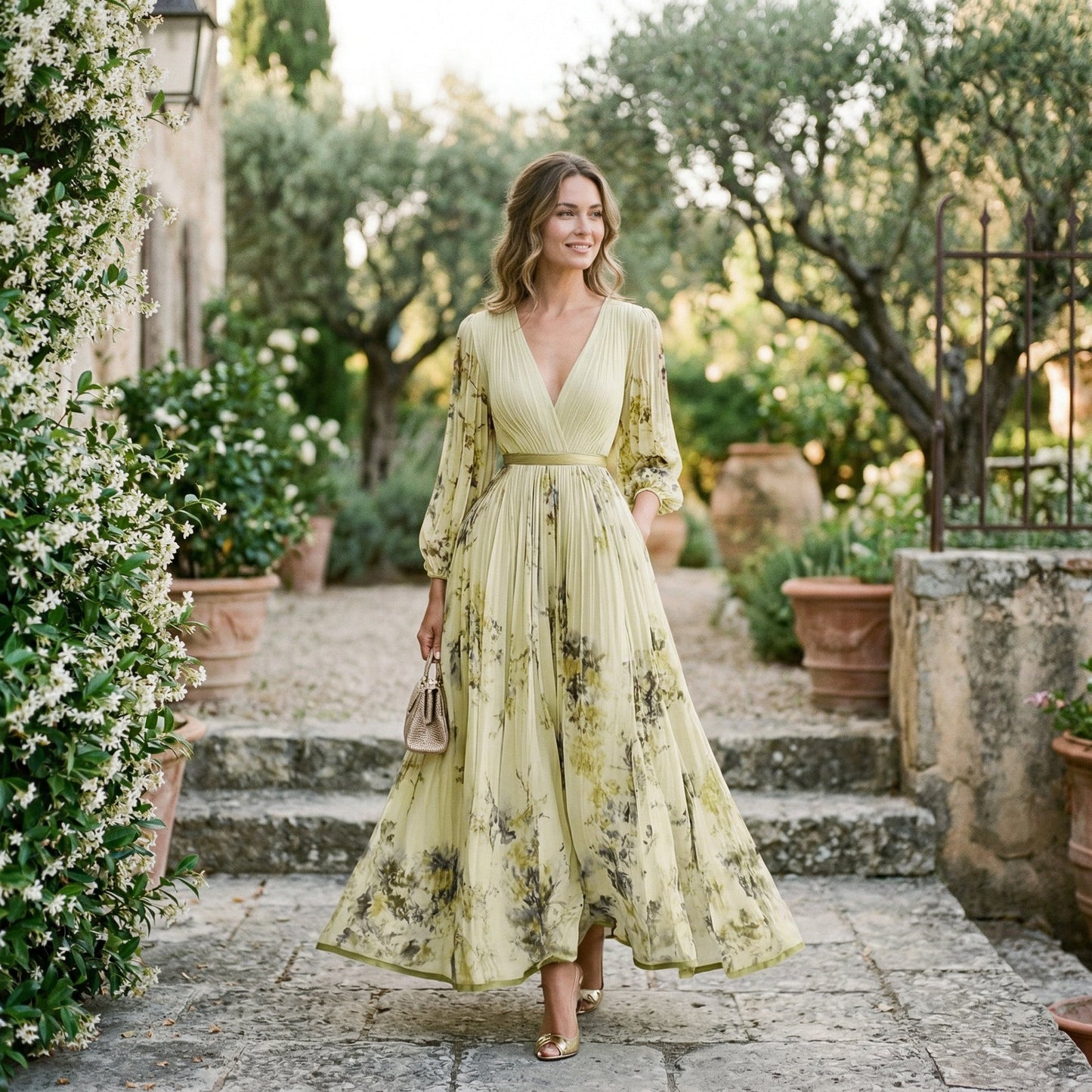 Elegant Blomster Langærmet Maxi Kjole