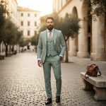 Salviegrøn tredelt herredragt med jakke, vest og lange bukser