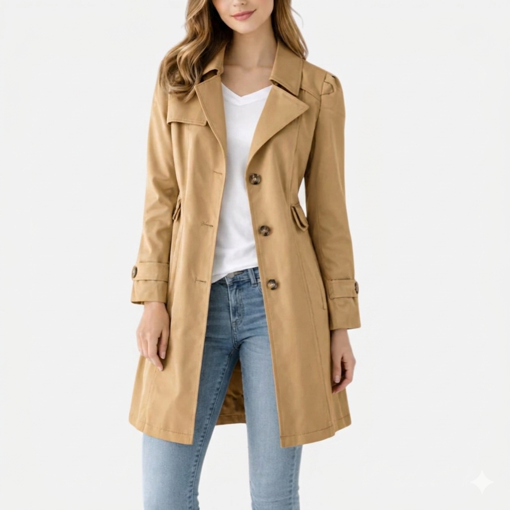 Dame i klassisk trenchcoat med slagkrave, knapper og lange ærmer