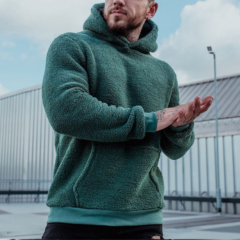 Herre hættetrøje i teddyfleece med hætte og kængurulomme