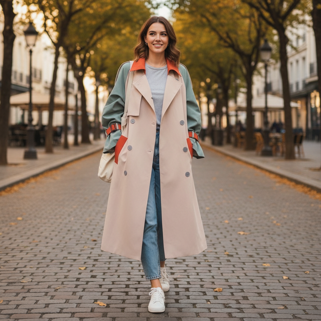 Dame trenchcoat i beige med blå og orange farveblokke