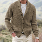 Herrecardigan med sjalskrave, ribstrik, knapper og lange ærmer