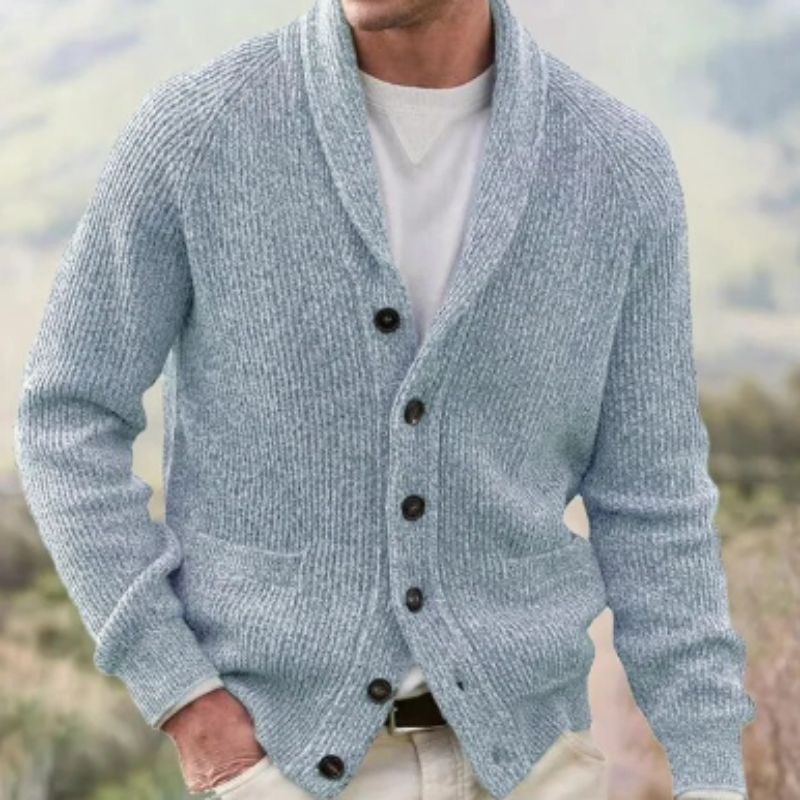 Herrecardigan med sjalskrave, ribstrik, knapper og lange ærmer