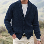 Herrecardigan med sjalskrave, ribstrik, knapper og lange ærmer
