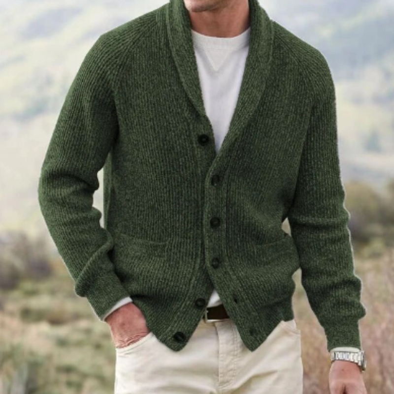 Herrecardigan med sjalskrave, ribstrik, knapper og lange ærmer