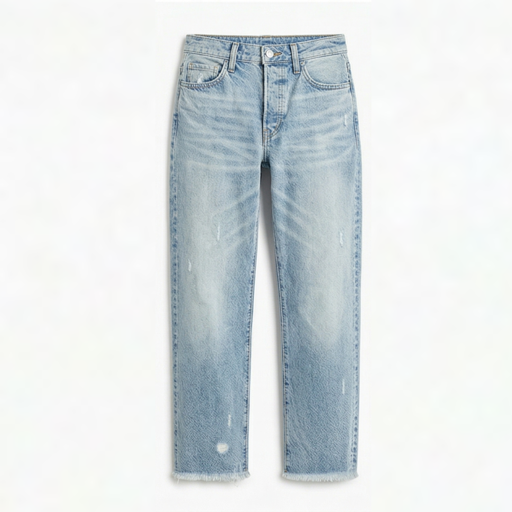 Damejeans med lige ben, høj talje og frynsede afkortede kanter