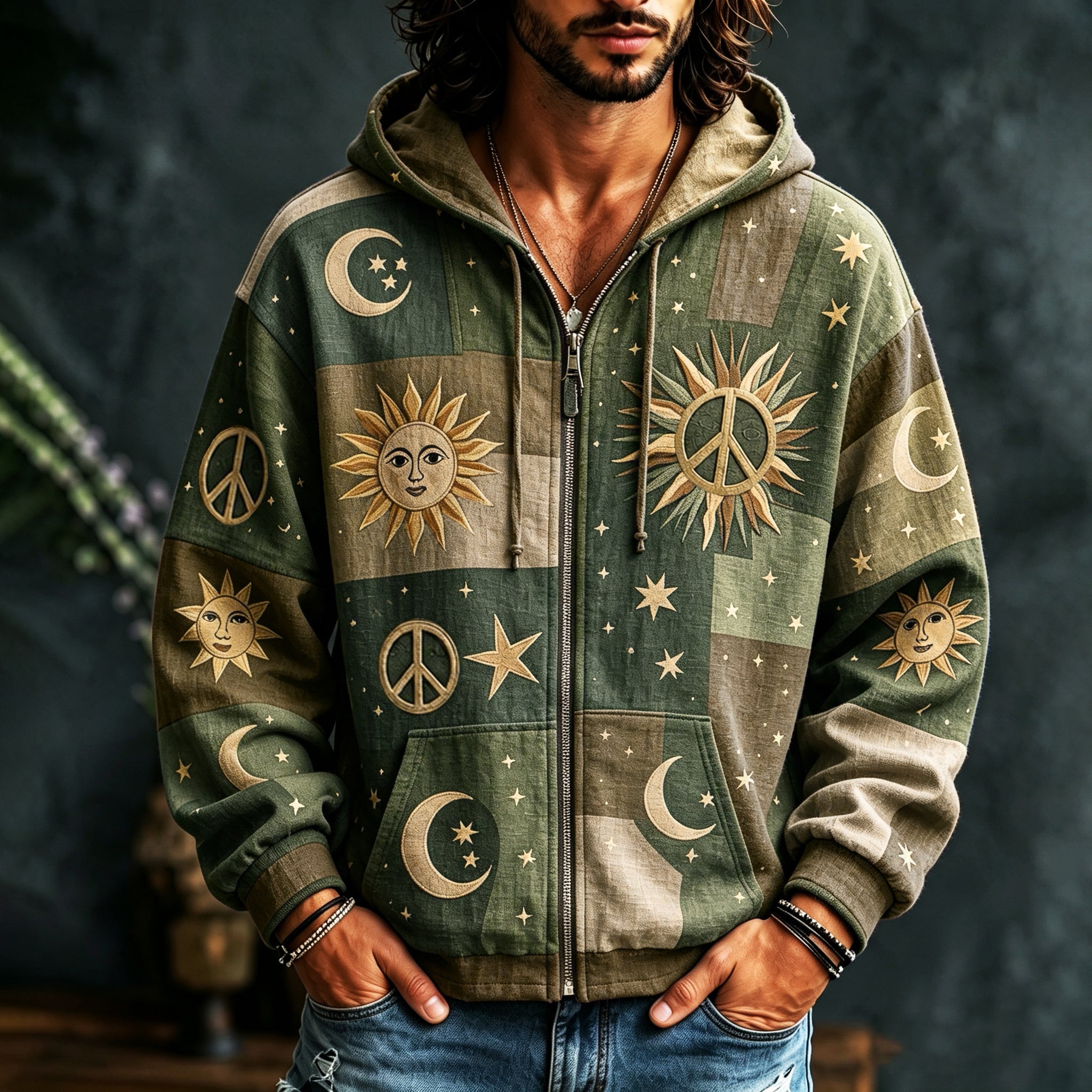 Herre hættetrøje med lynlås og farverigt patchwork med sol, måner, stjerner og fredssymboler