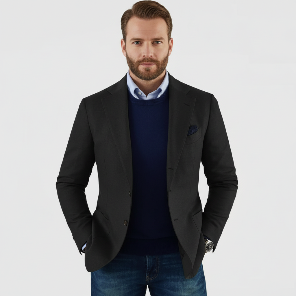 Herreblazer med hakrevers, knapper og brystlomme