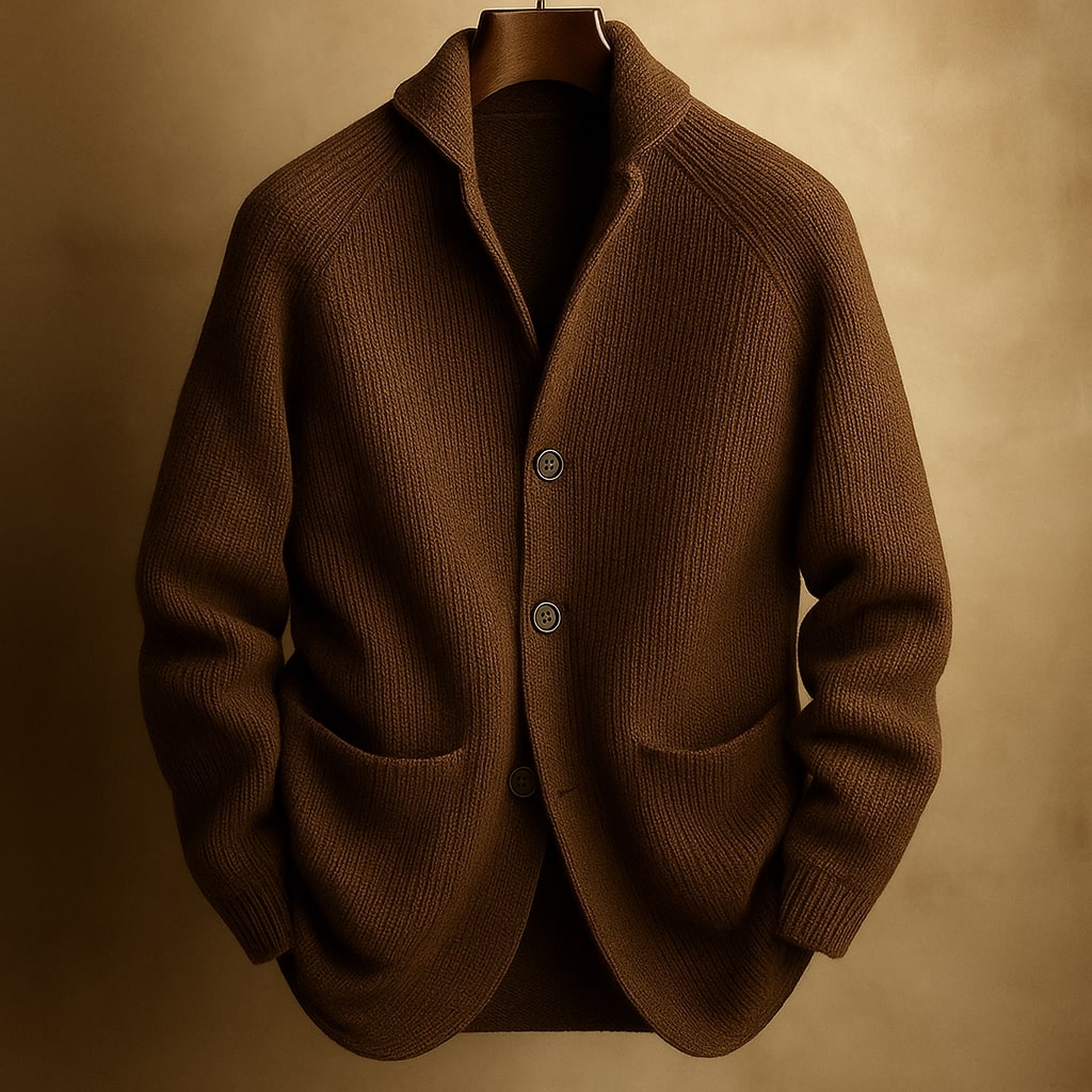 Herrecardigan med ribstruktur, sjalskrave, knapper og frontlommer