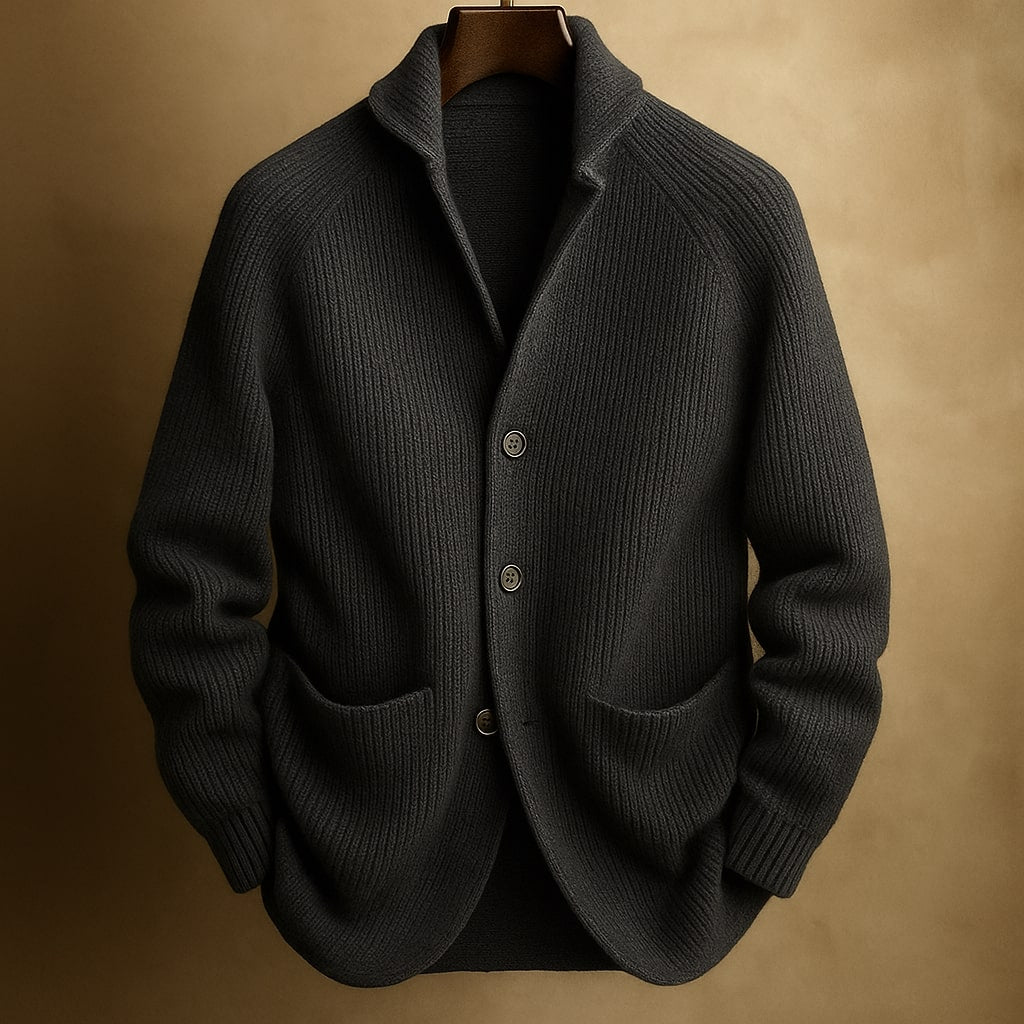 Herrecardigan med ribstruktur, sjalskrave, knapper og frontlommer