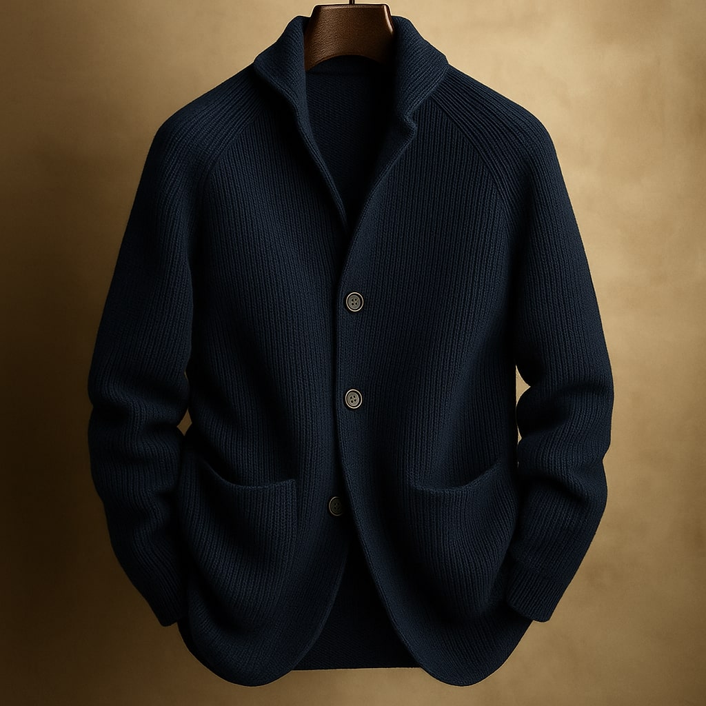 Herrecardigan med ribstruktur, sjalskrave, knapper og frontlommer