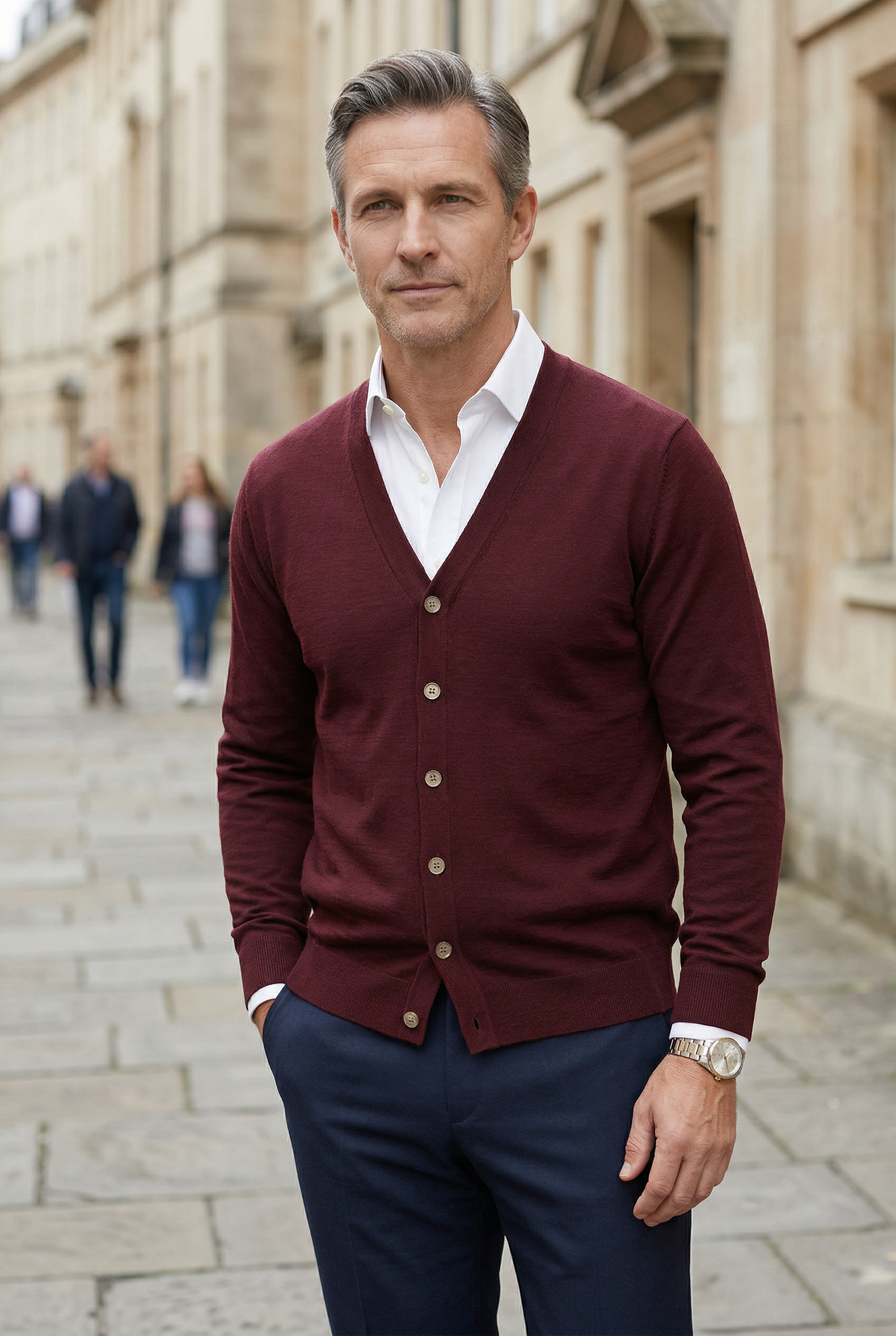 Herre cardigan med V-hals, knapper og lange ærmer