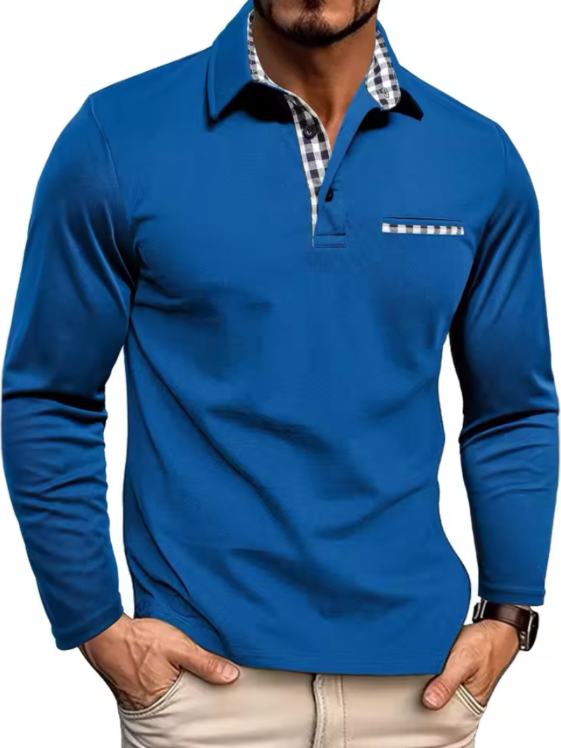 Langærmet herre-poloshirt med skjortekrave og brystlomme