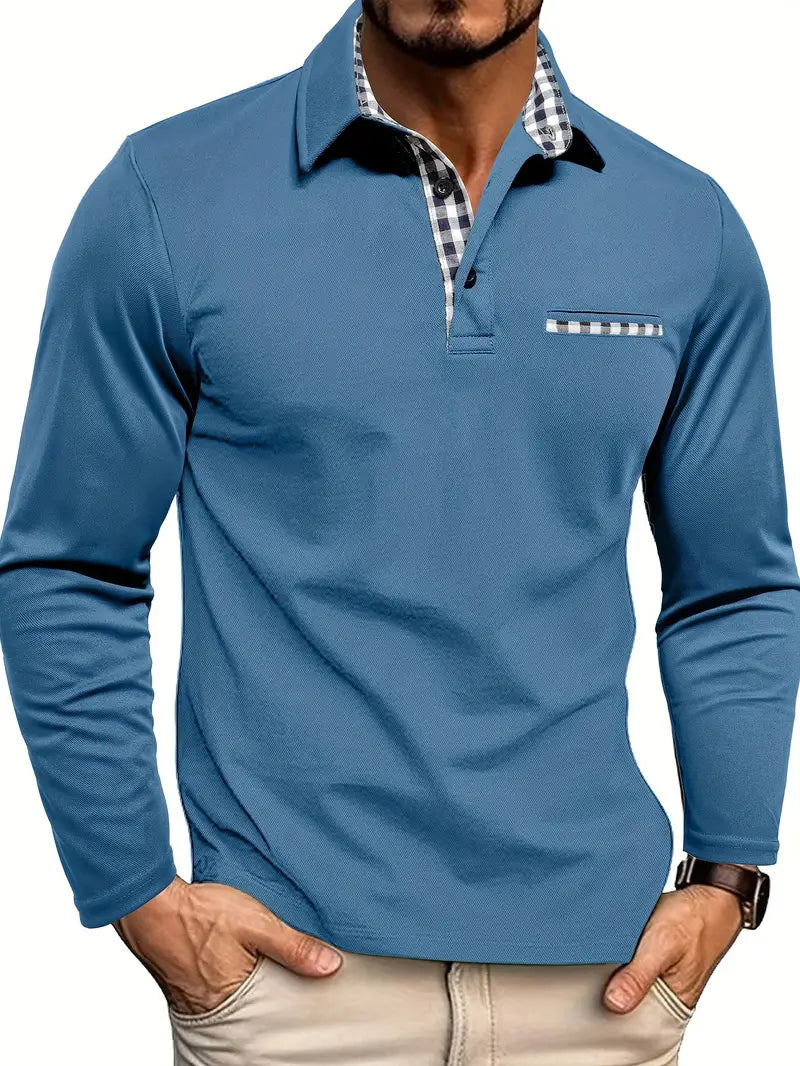 Langærmet herre-poloshirt med skjortekrave og brystlomme
