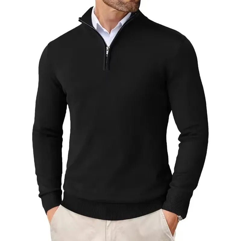 Herresweater med høj krave, kvart lynlås og lange ærmer