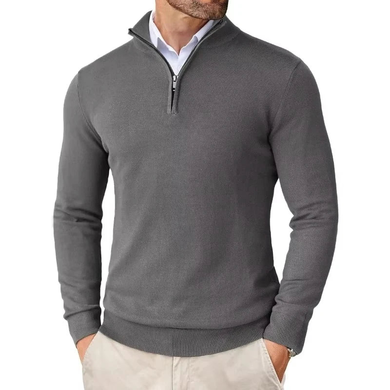 Herresweater med høj krave, kvart lynlås og lange ærmer