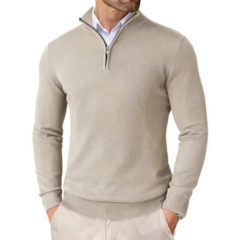 Herresweater med høj krave, kvart lynlås og lange ærmer