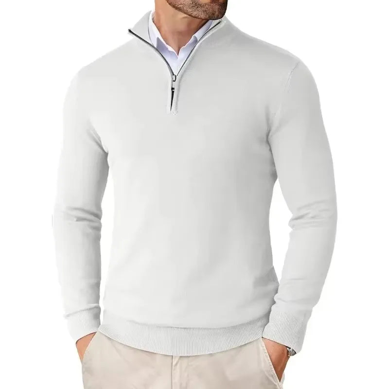 Herresweater med høj krave, kvart lynlås og lange ærmer
