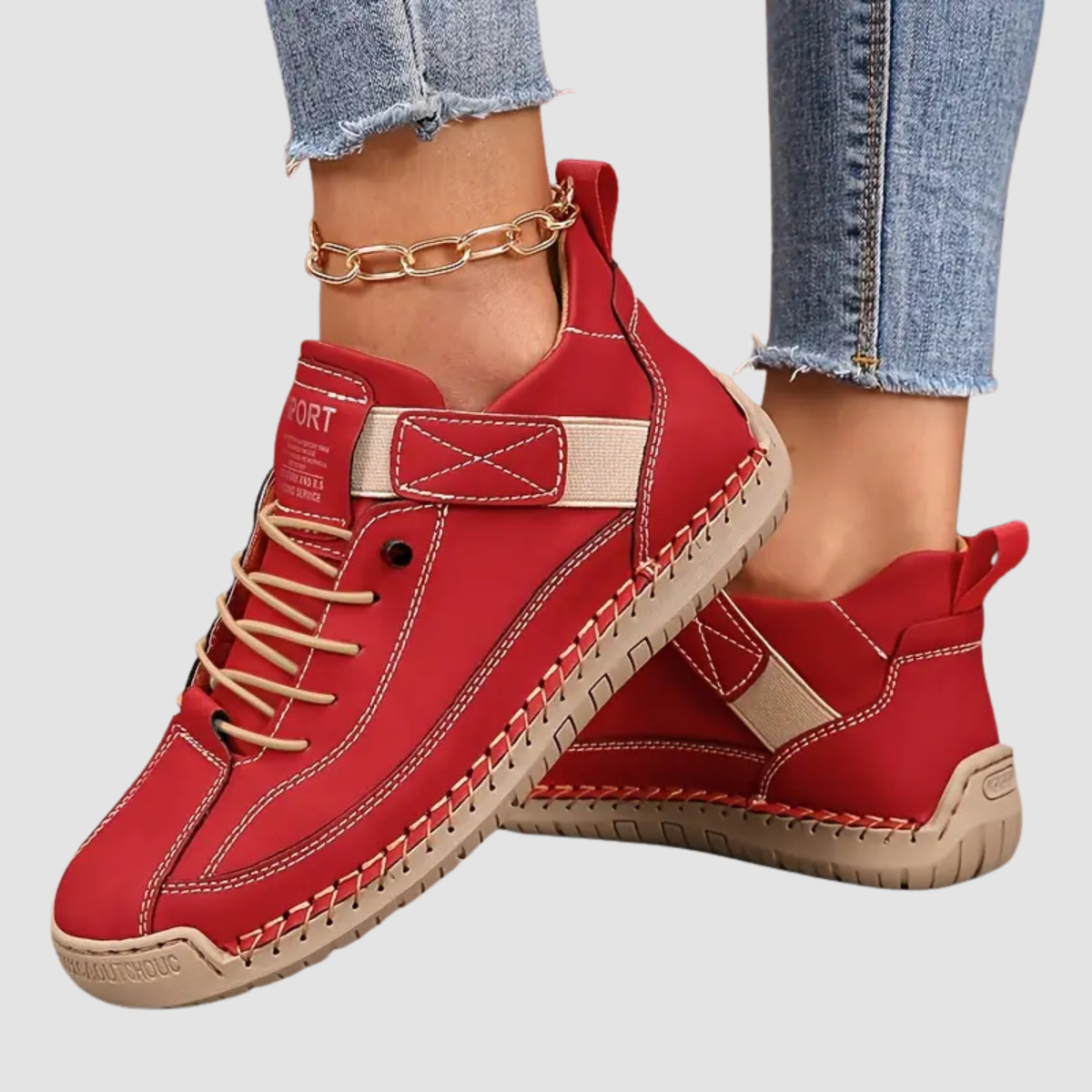Sneakers med snørebånd, rem og rund tå