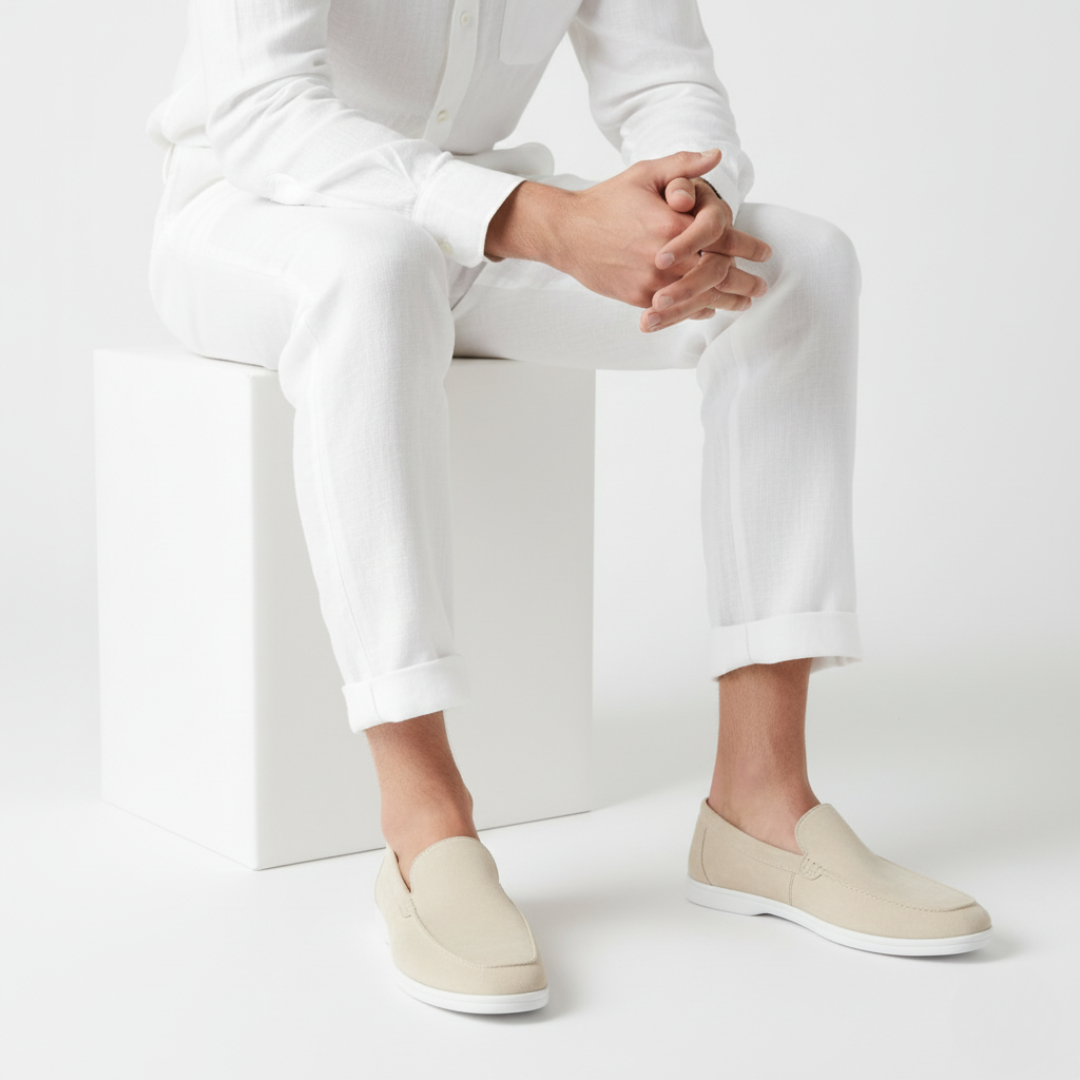 Herre loafers med moccasinsnit, rundet tå og flad lys sål