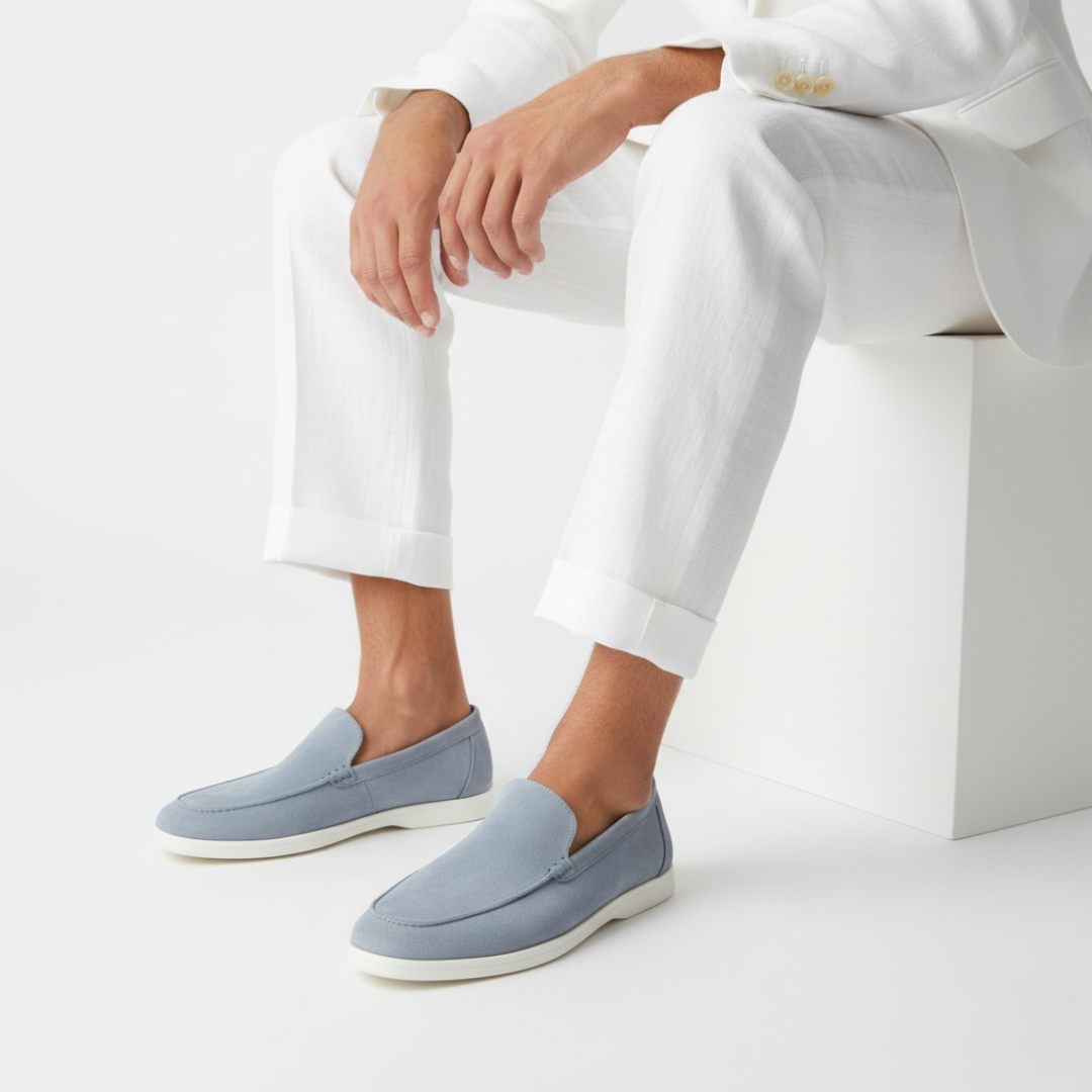 Herre loafers med moccasinsnit, rundet tå og flad lys sål
