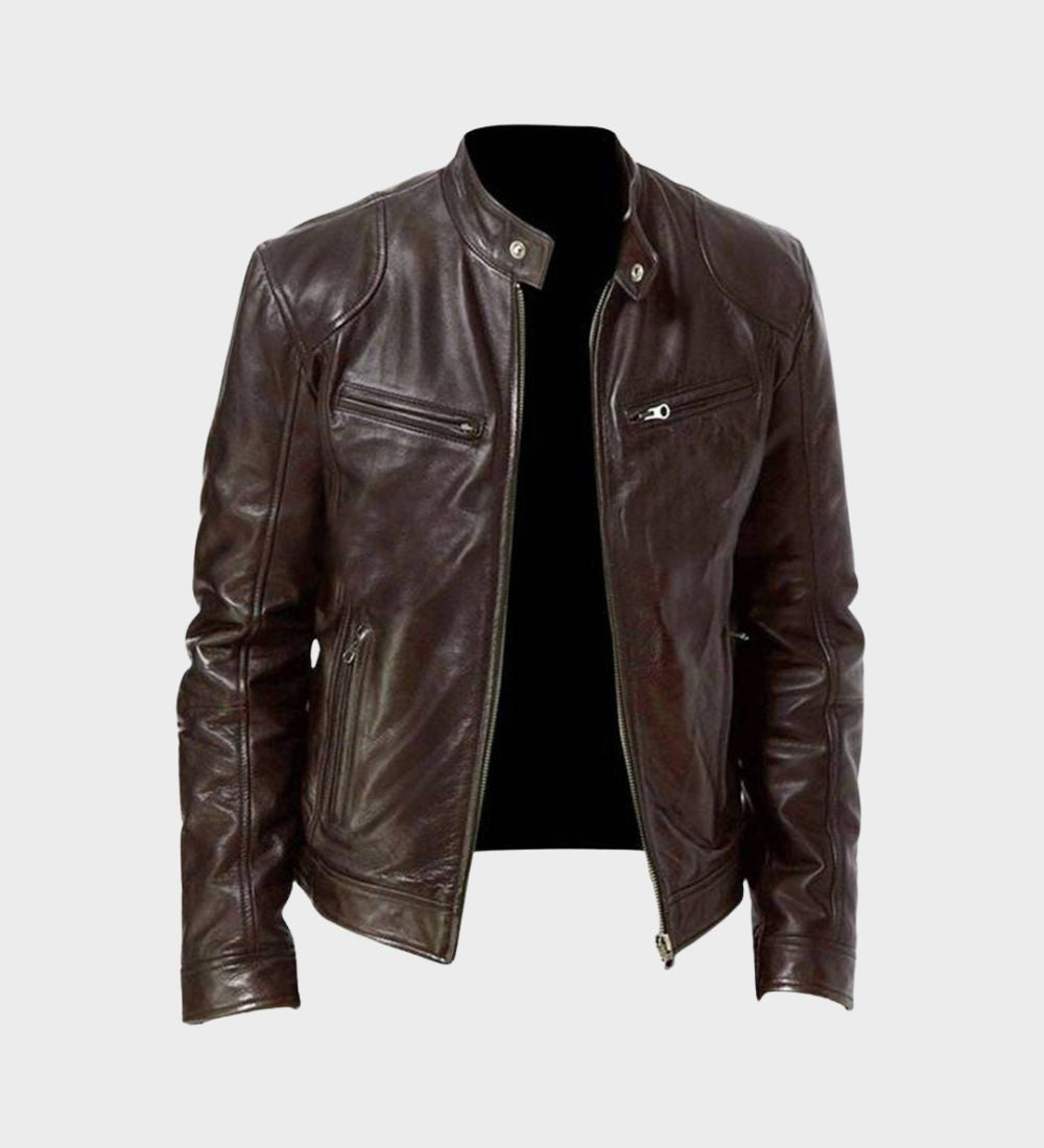 Herre bikerjakke med ståkrave, lange ærmer og lynlåslommer