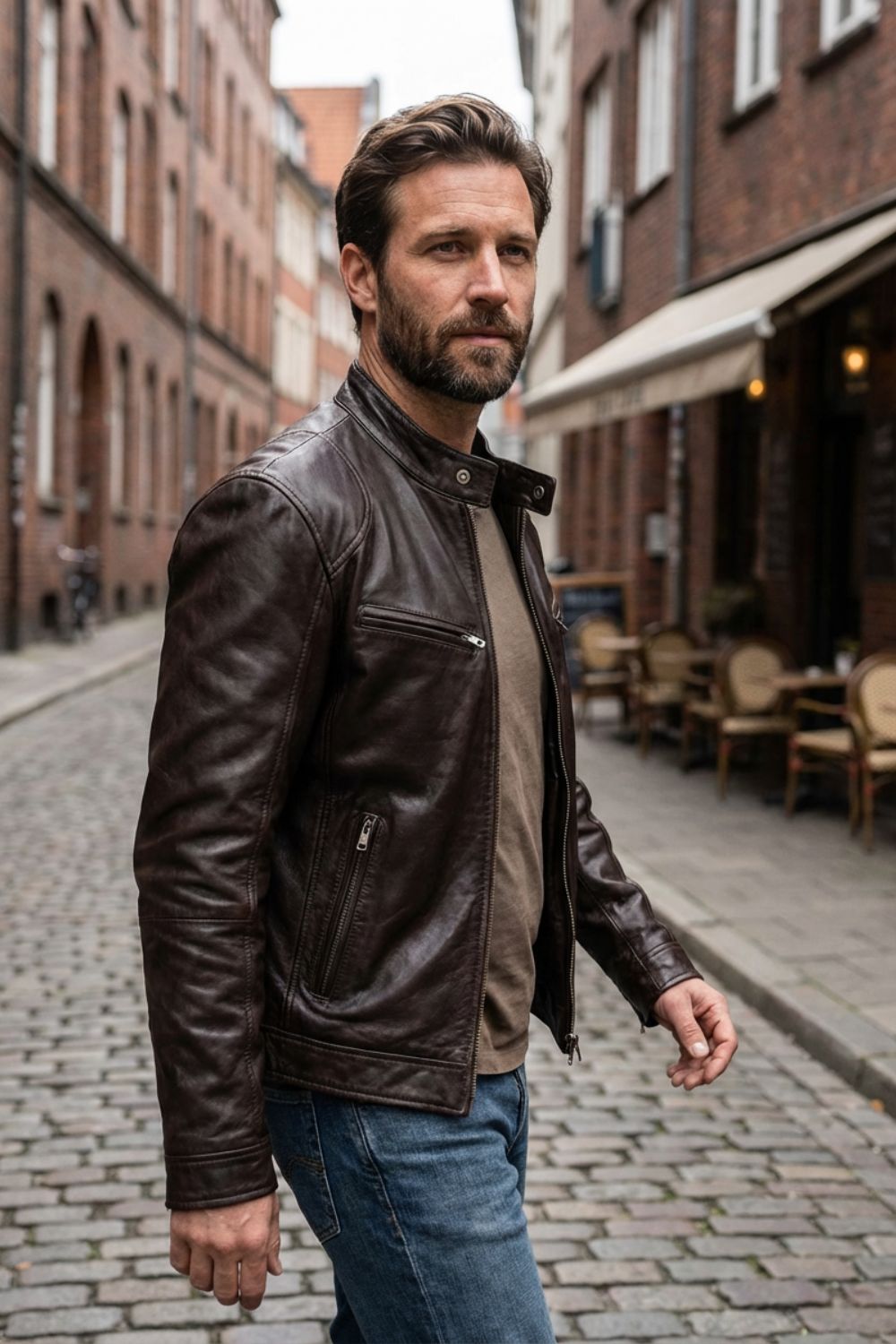 Herre bikerjakke med ståkrave, lange ærmer og lynlåslommer