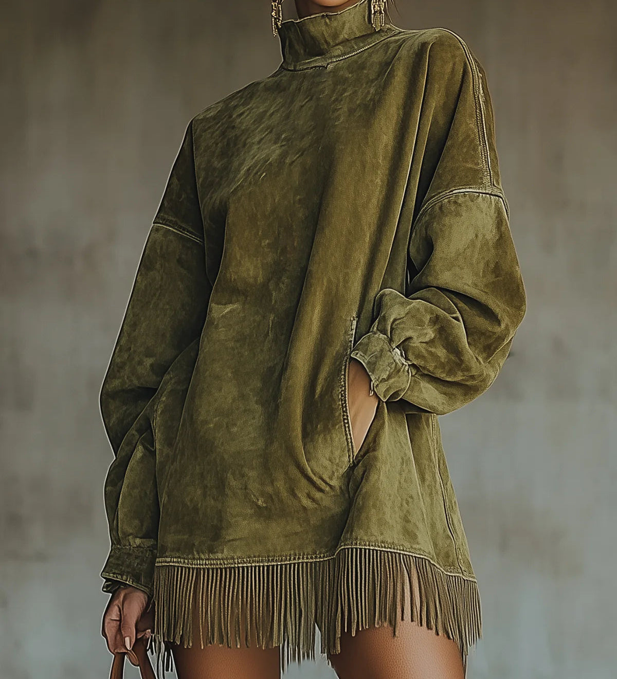 Mini-robe femme à col roulé, manches longues et bord à franges