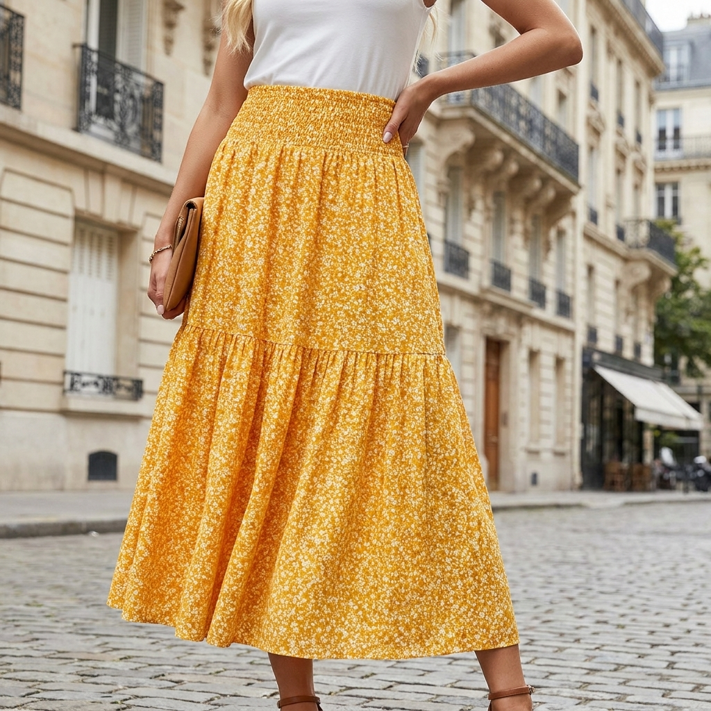 Astrid | Midi Nederdel med Blomsterprint og Elastisk Talje